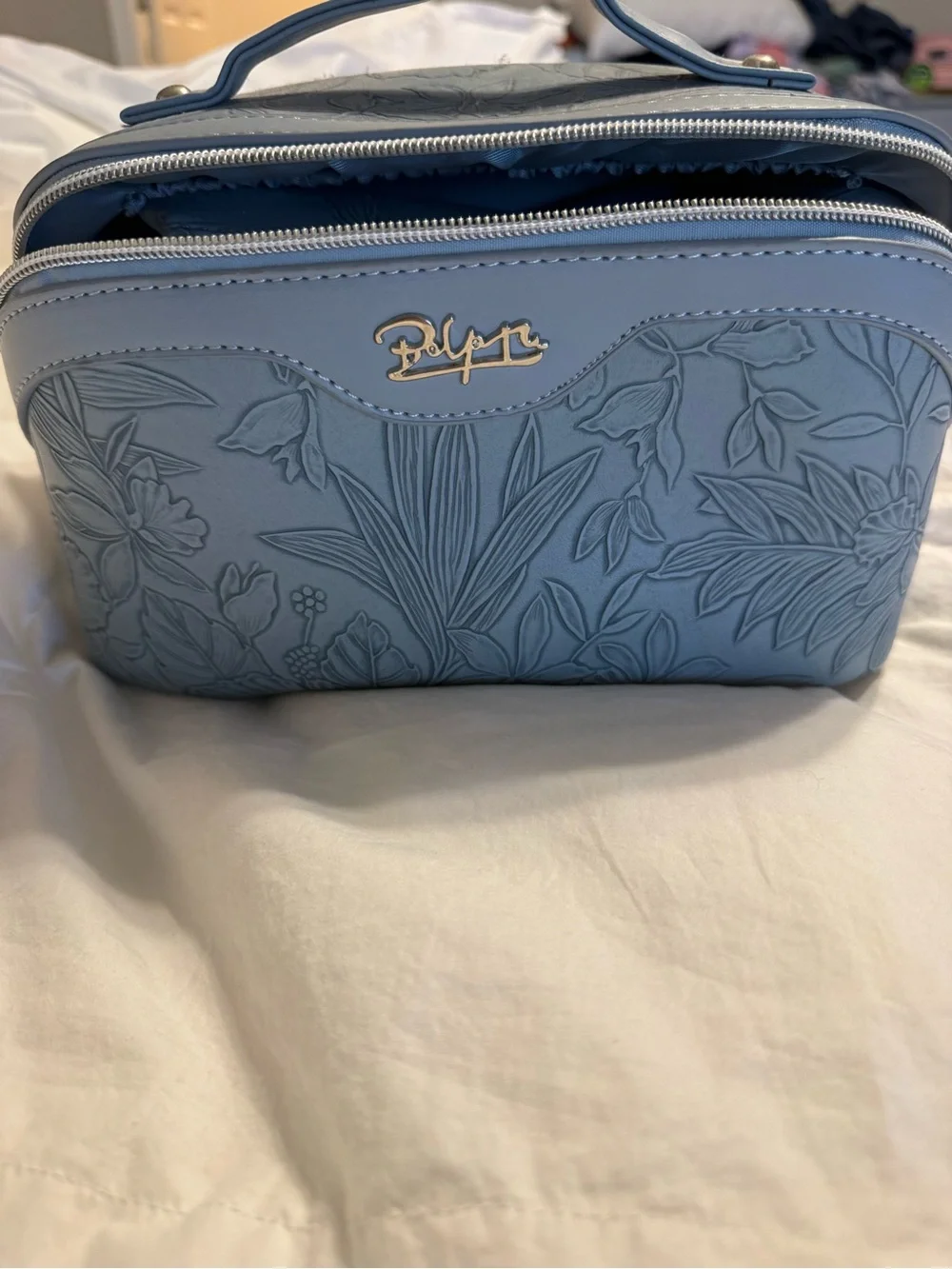 Light Blue Embossed Floral Cosmetic Bag